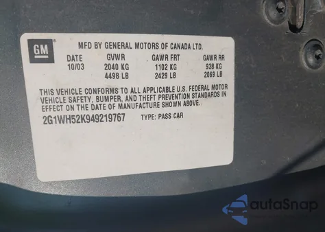 2004 Chevrolet Impala Ls z USA, uszkodzony, nr VIN 2G1WH52K949219767